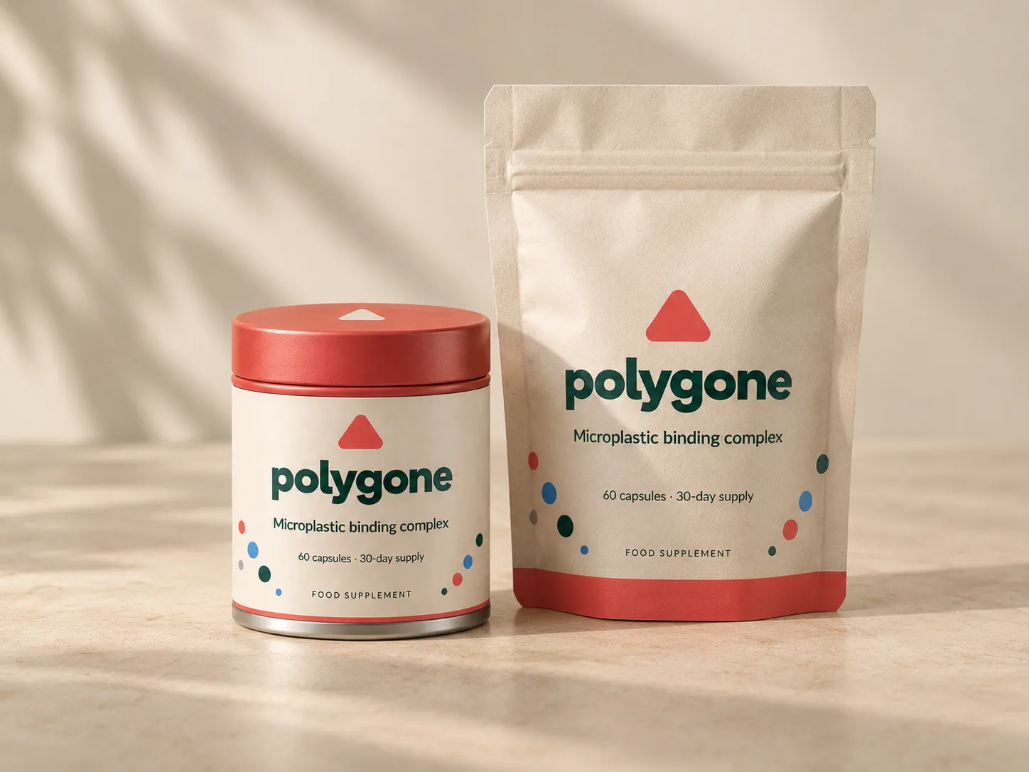The Polygone steel tin with a coral lid next to a paper refill pouch